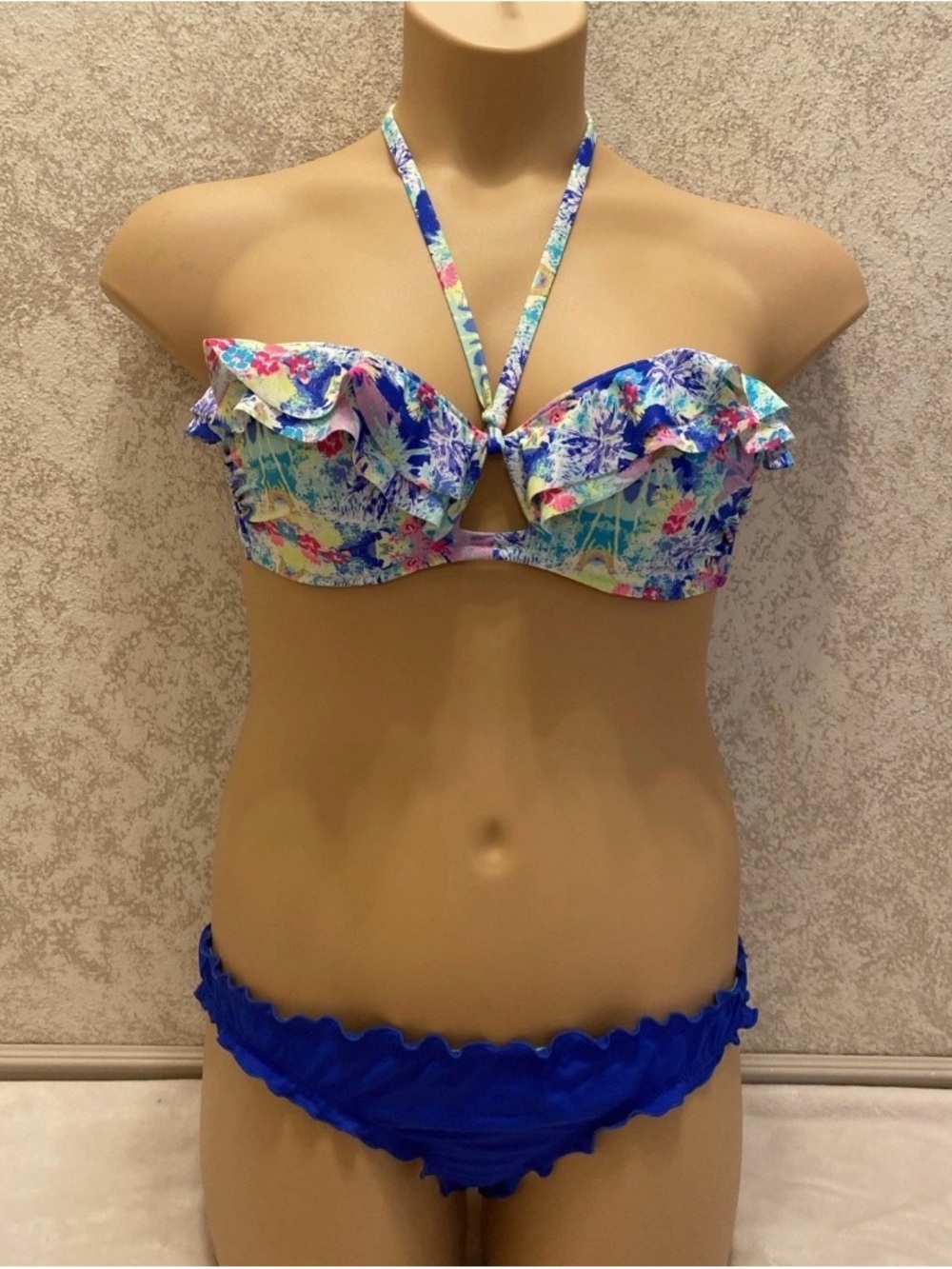Victoria's Secret Multicolor Floral Ruffle Bikini with Blue Bottoms